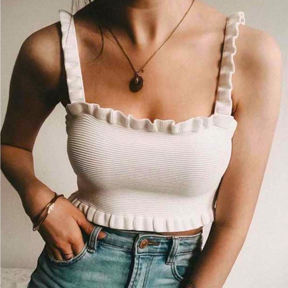 🤍 NWT ZARA White Cropped Ribbed Tank Ruffle Crop Top Large 0/3859/027/250/04 - Picture 2 of 6